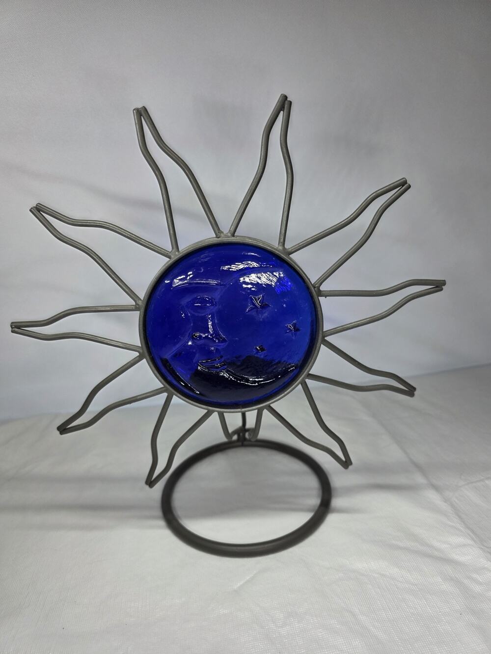Vintage Blue Cobalt Glass Wrought Iron Candle Holder Celestial Moon Star Sun Sky